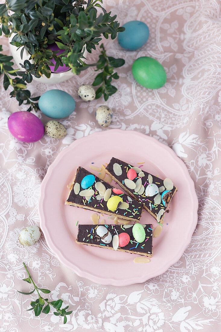 Mazurek (No bake Polish Easter cake) with marzipan filling and chocolate