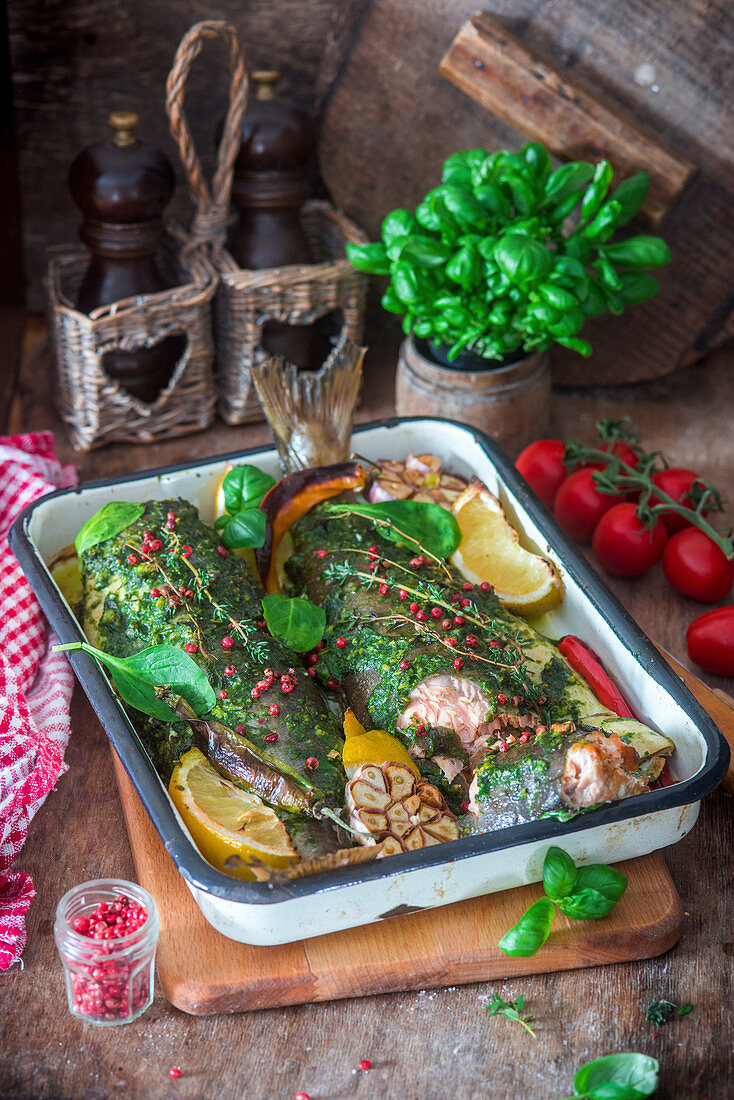 Pink salmon roasted in herbs with garlic