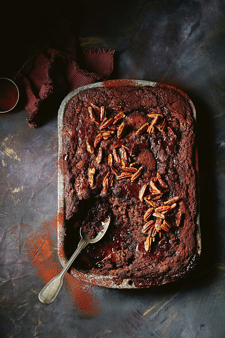 Self-Saucing brownie pudding with pecans