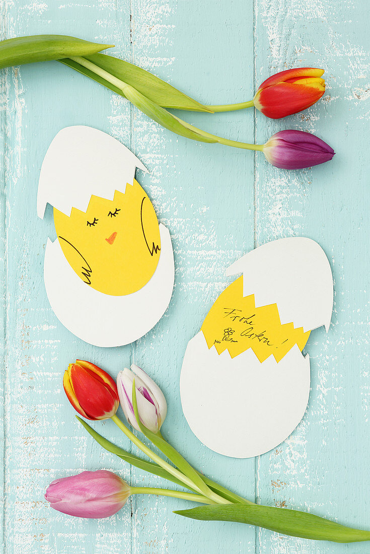 Craft paper Easter greetings cards shaped like hatching chicks