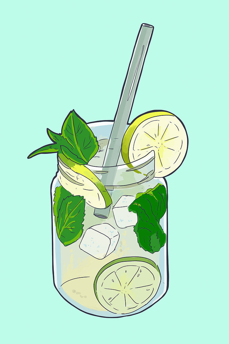 Lemonade with lime, mint and ice cubes (illustration)