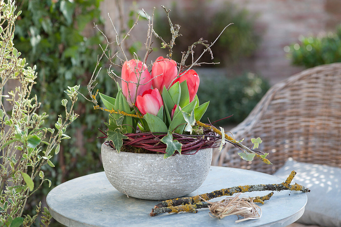 Red Tulips In A Gray Shell