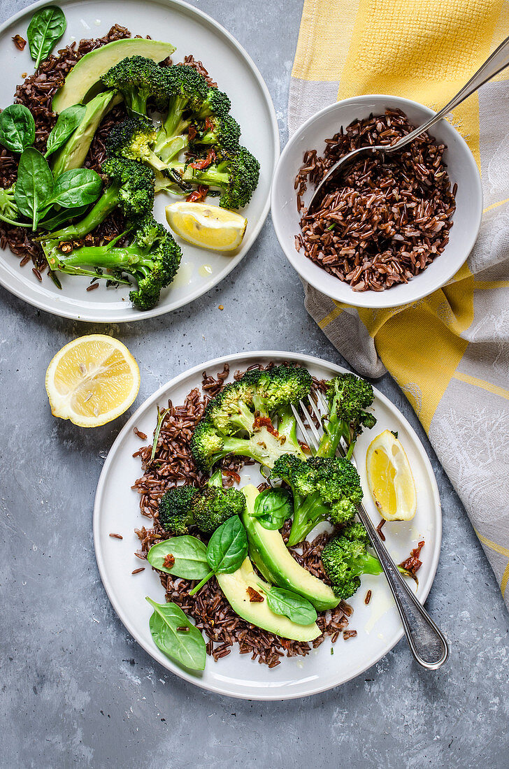 Roasted broccoli and red rice salad with avocado