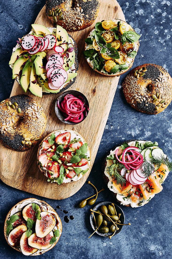 Gourmet colourful bagels with a selection of healthy fillings