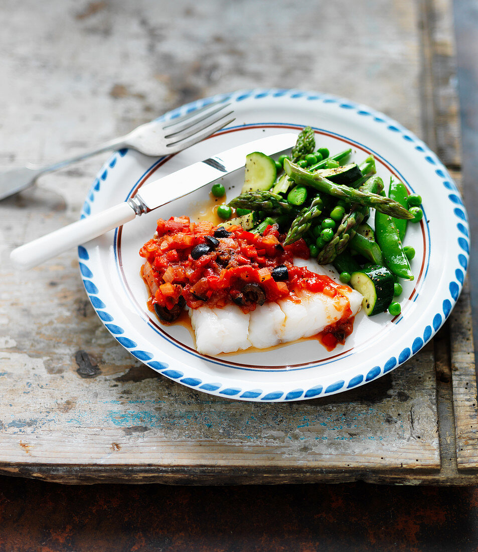 Fischfilet mit Tomaten-Oliven-Sauce, Spargel, Zucchini und Erbsen