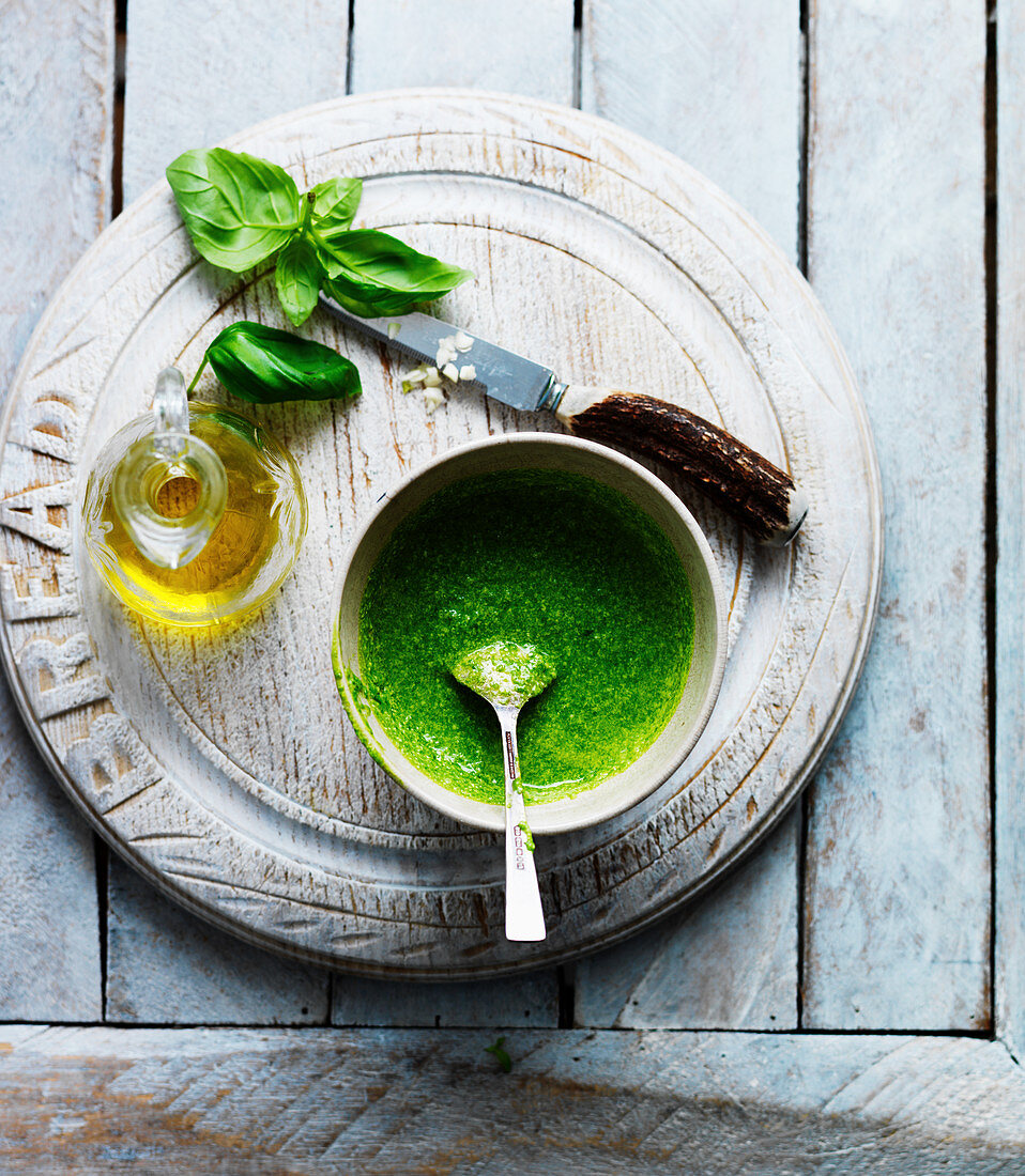 Basil pesto with garlic and olive oil