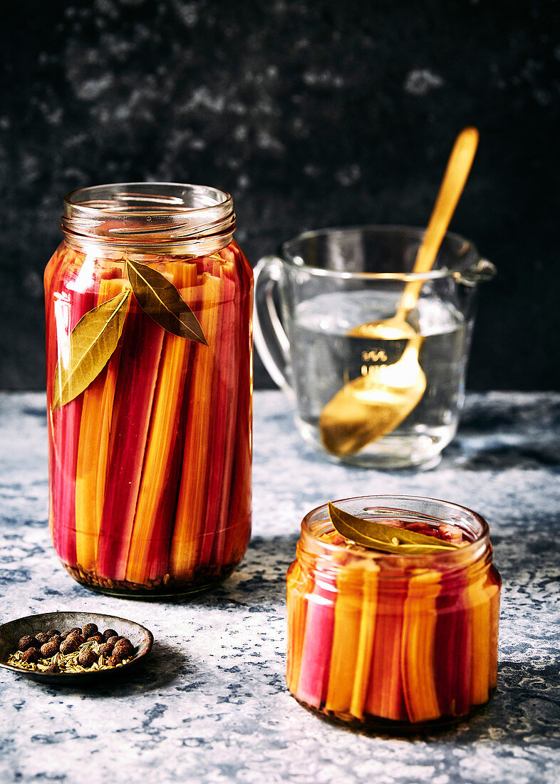 Pickled rainbow chard with bay leaves, all spice and fennel seeds