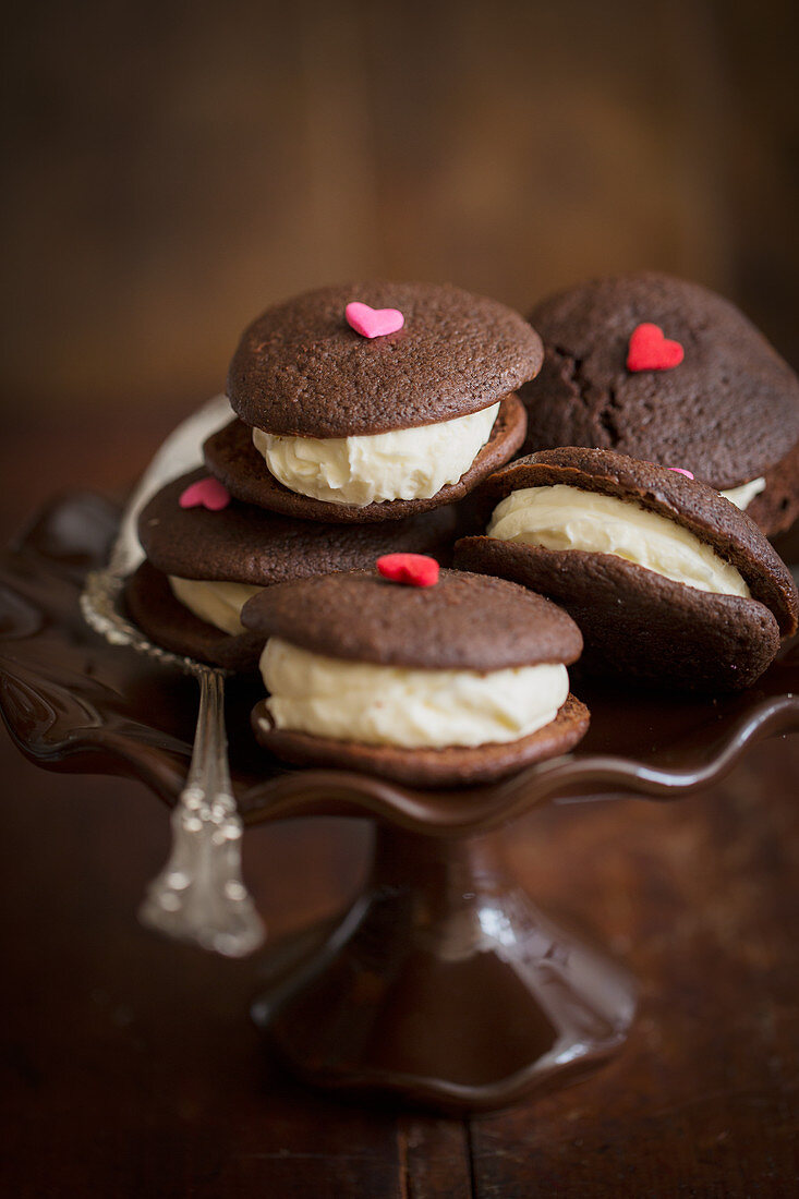 Whoopie pies with sugar hearts for Valentine's Day