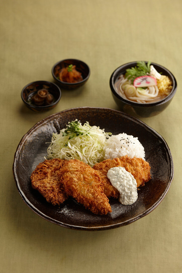 Breaded pork chops with coleslaw and rice (Asia)