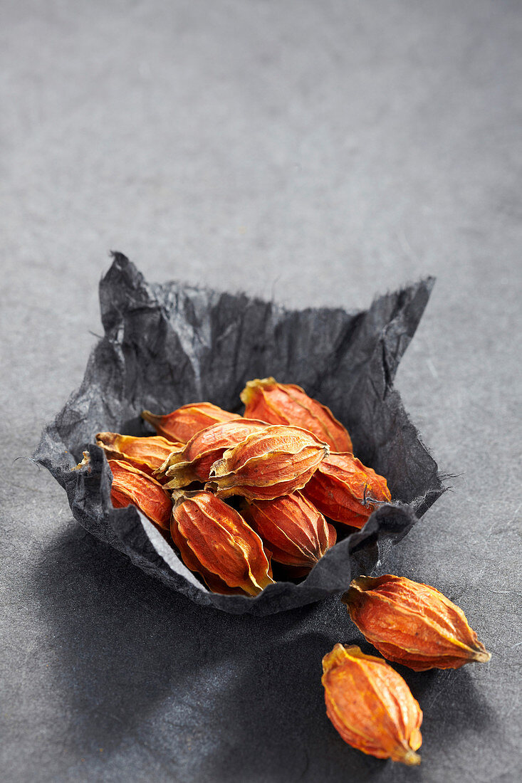 Gardenia fruit in paper on a grey surface