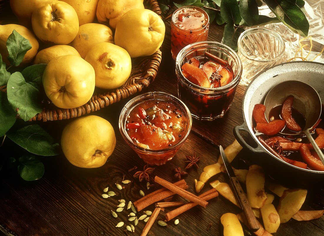 Fresh Quince in a Basket; Quince Jelly and Quince in Red Wine