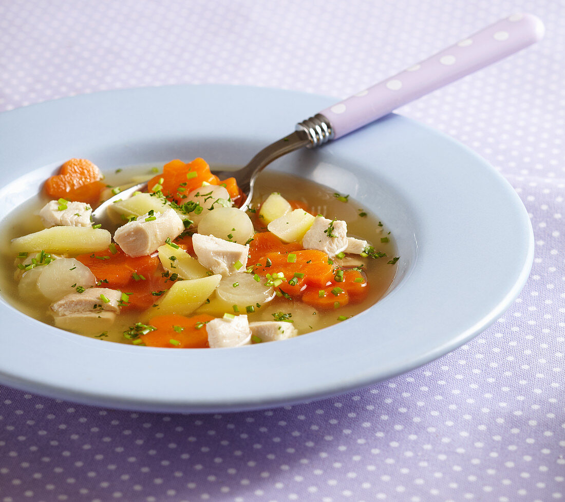 Colourful vegetable stew with greens, carrots, kohlrabi, potatoes and chicken