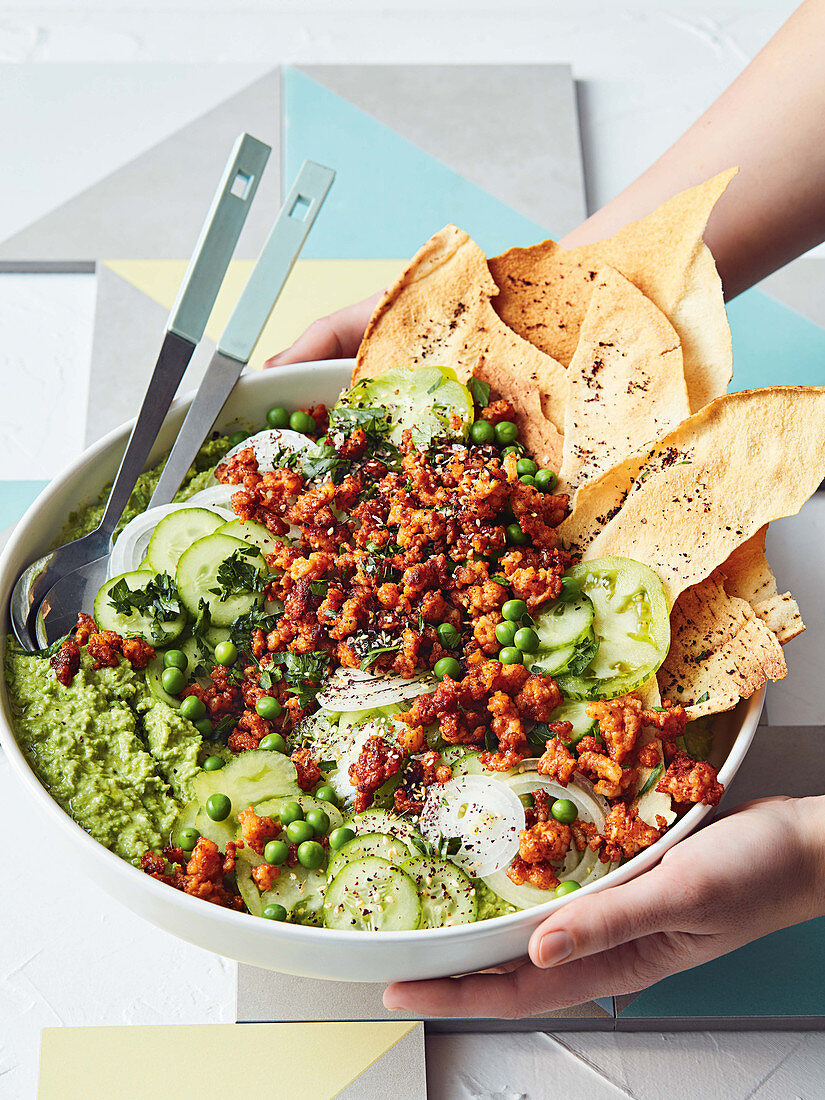 Spring fattoush with pea hummus and smoky prawns