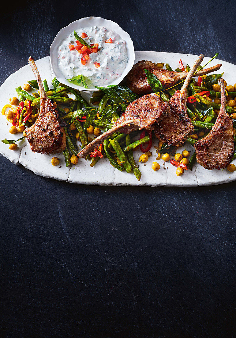 Spiced lamb cutlets with snake bean curry