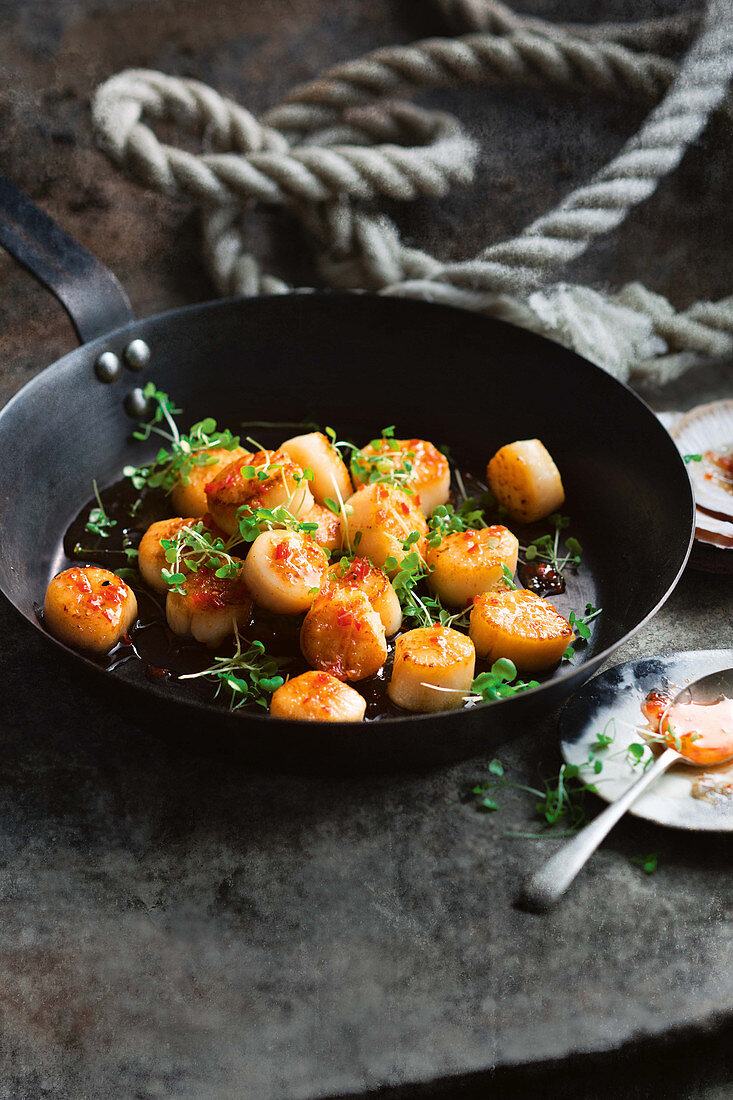 Grilled hervey bay scallops with togarashi and chilli syrup dressing