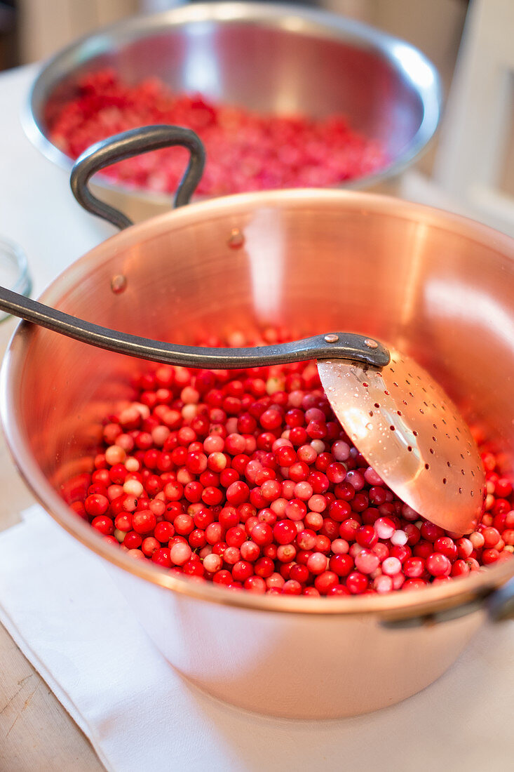 Lingon berry jam being made, raw lingon berries in a pot with a draining spoon