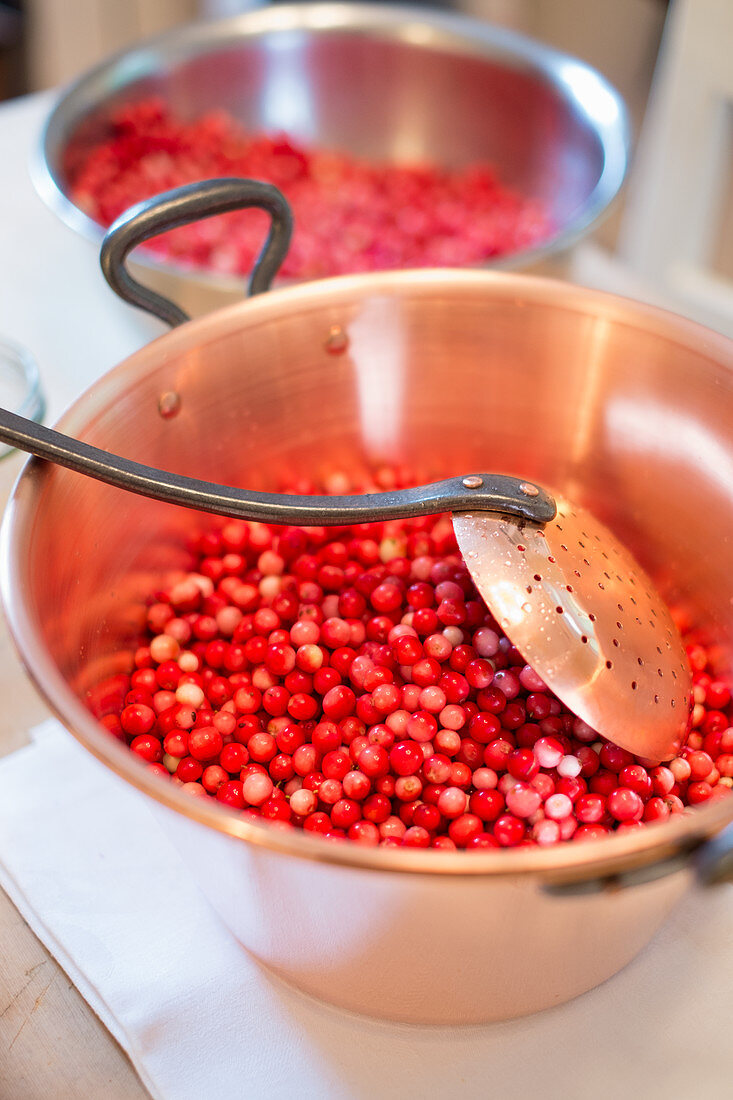 Preiselbeermarmelade herstellen, rohe Preiselbeeren im Kochtopf mit Schaumlöffel