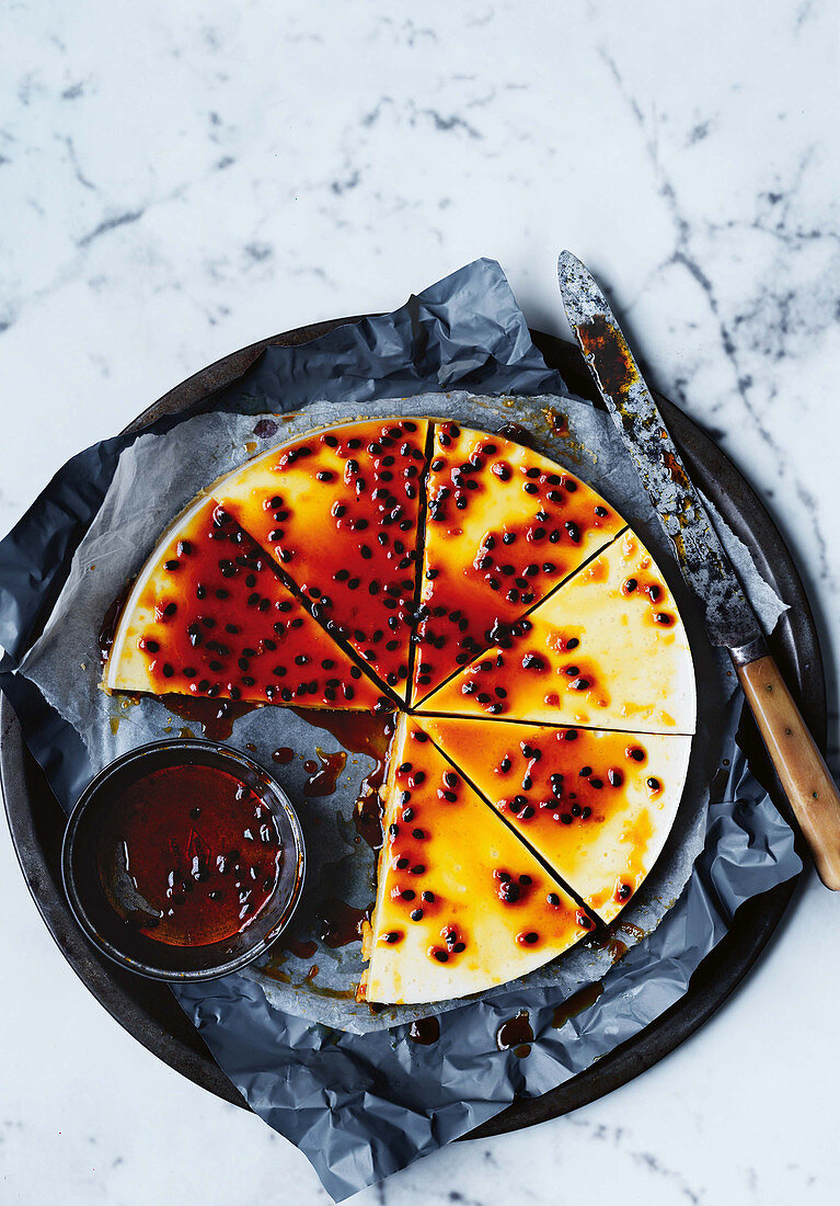 Coconut yoghurt tart with caramelised honey and passion fruit