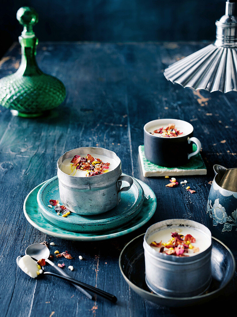 Buttermilk, rosewater and cardamom puddings