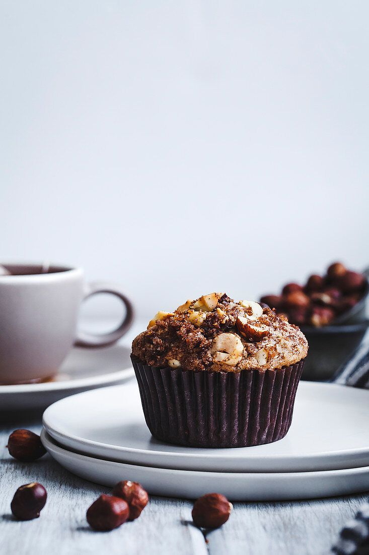 Hazelnut muffins on white backgroundd