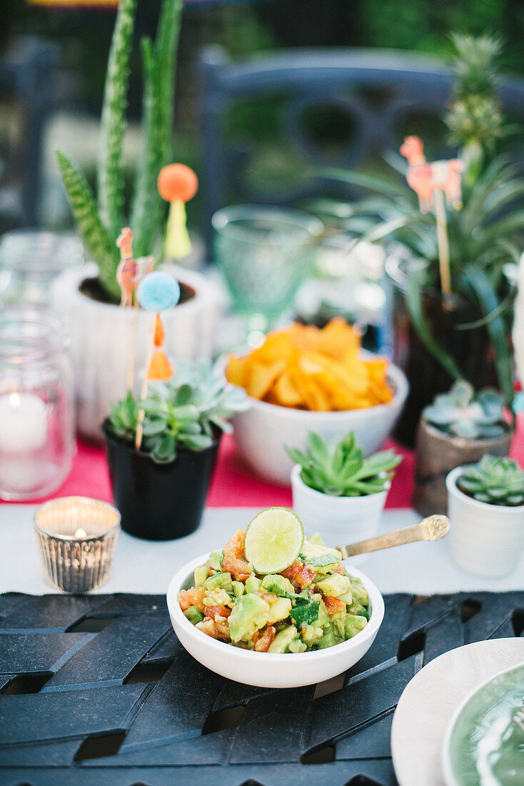 Guacamole and potted succulents on table set for Mexican party
