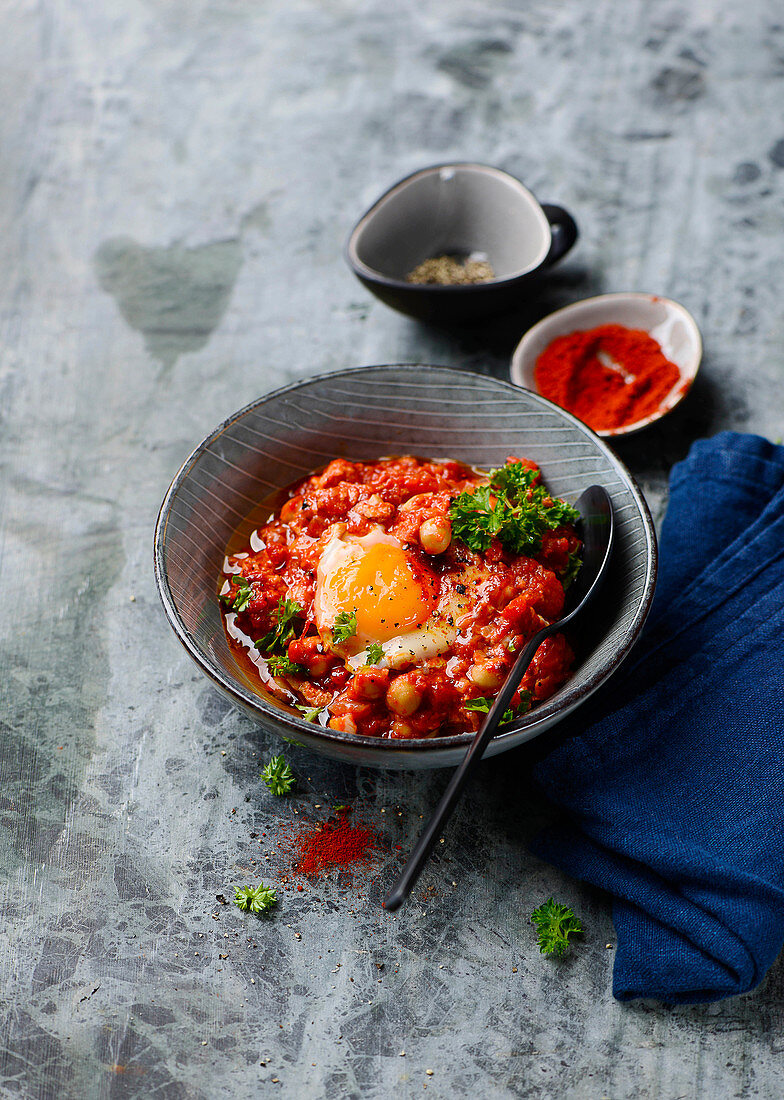 Shakshuka with tomatoes and fried eggs (North Africa)