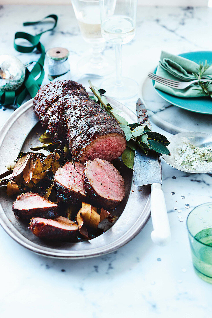 Roast beef with seeded mustard and bay leaf glaze