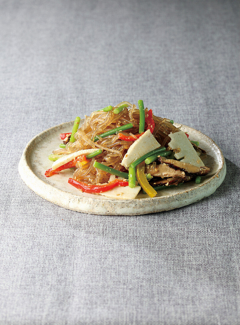 Japchae (Fried noodles with garlic stems, Korea)