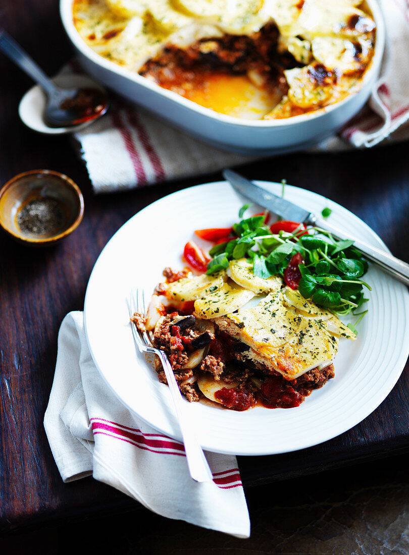 Moussaka with minced lamb and a potato topping