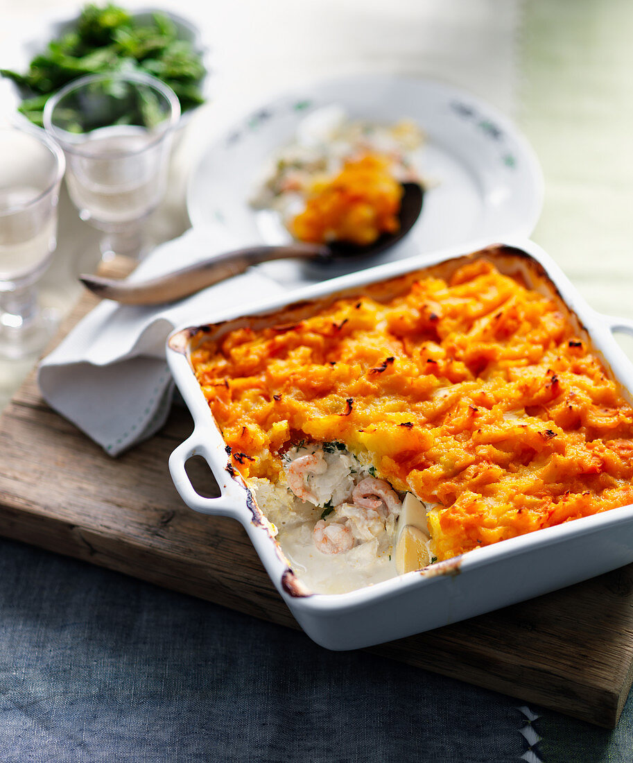 Fish pie with prawns, white wine and a sweet potato crust