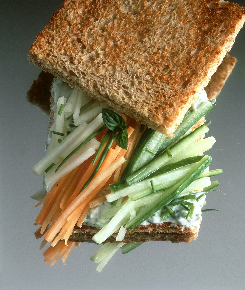 Rohkost-Sandwich (mit Möhren-, Gurken- & Kohlrabistiften)