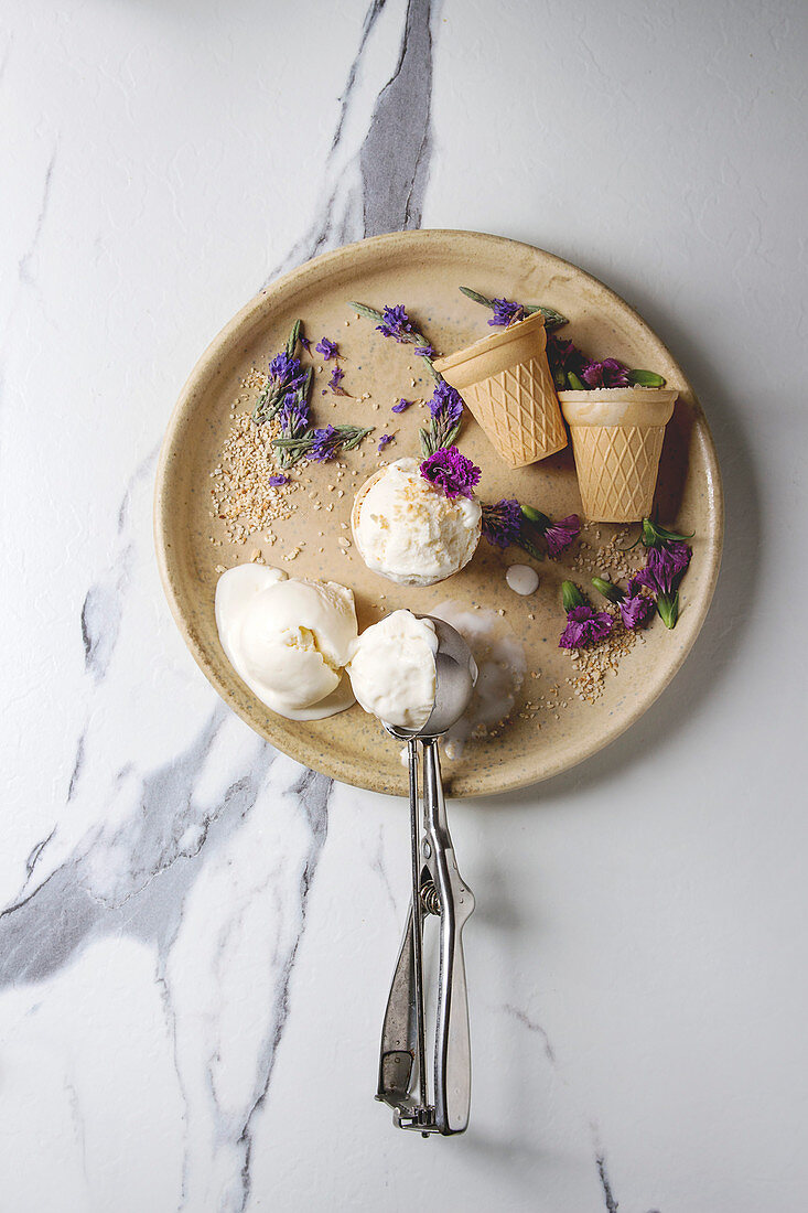 Vanilleeis, Eiskugelformer, Eistüten und Essblüten auf Teller (Aufsicht)