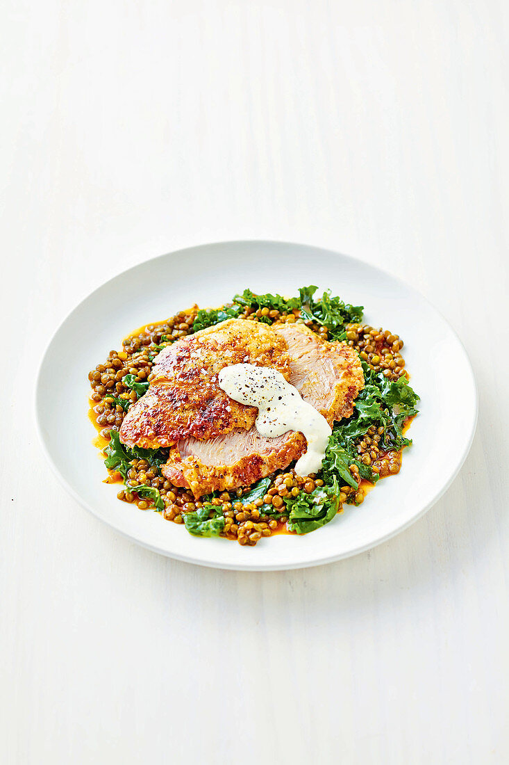 Lamb with braised lentils and mustard sour cream