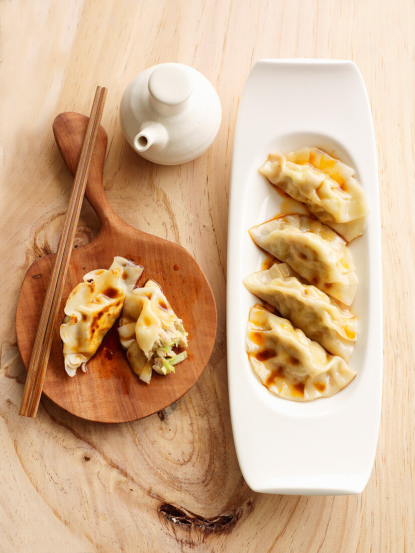 Gyozas (stuffed Japanese dumplings) with soya sauce