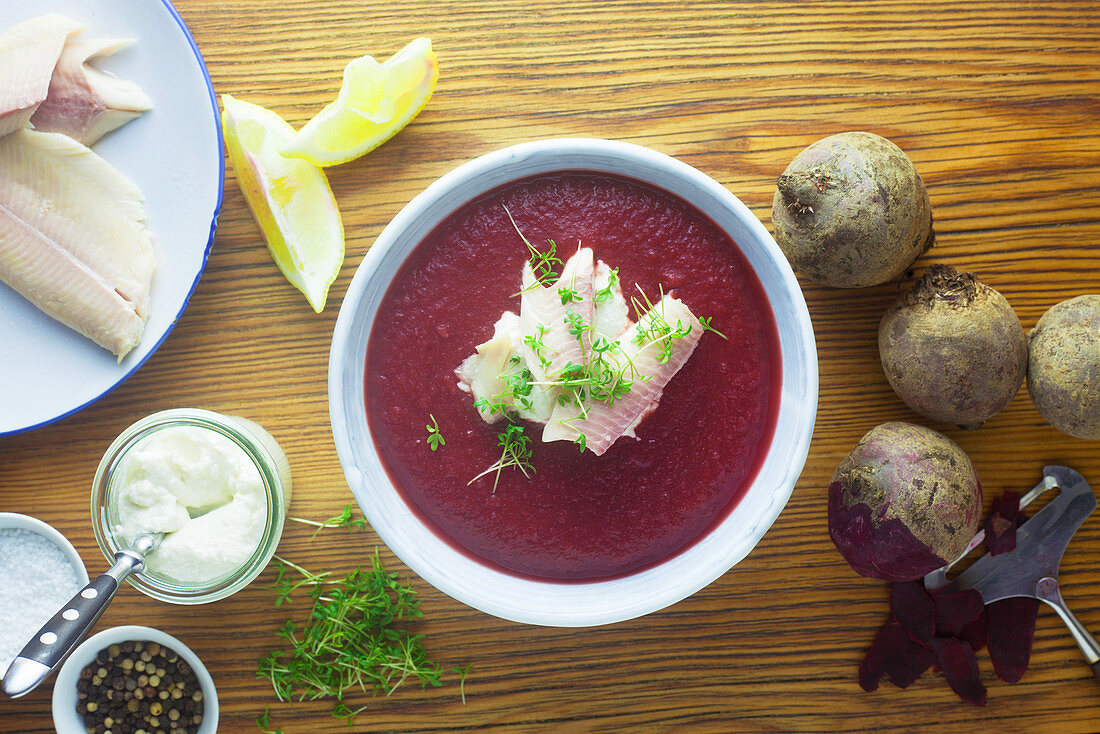 Beetroot soup with smoked trout and creamy horseradish