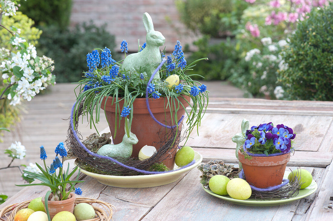 Easter arrangement with grape hyacinths and violets
