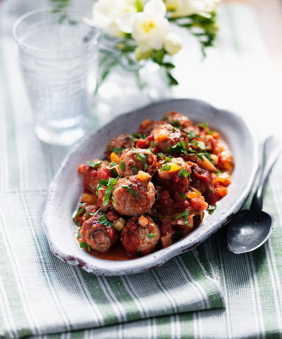 Pork balls with carrots, salsa and herbs
