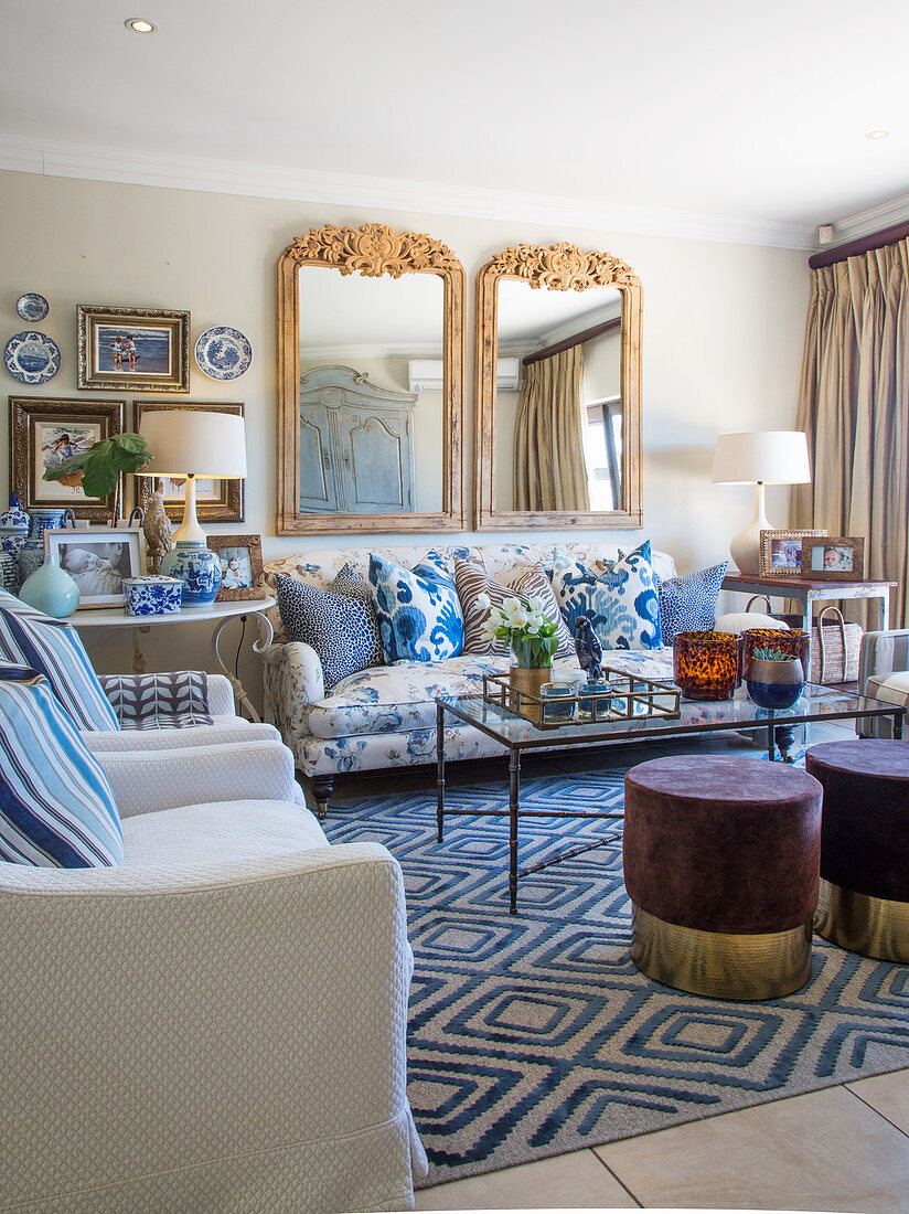 Blue accessories in elegant living room