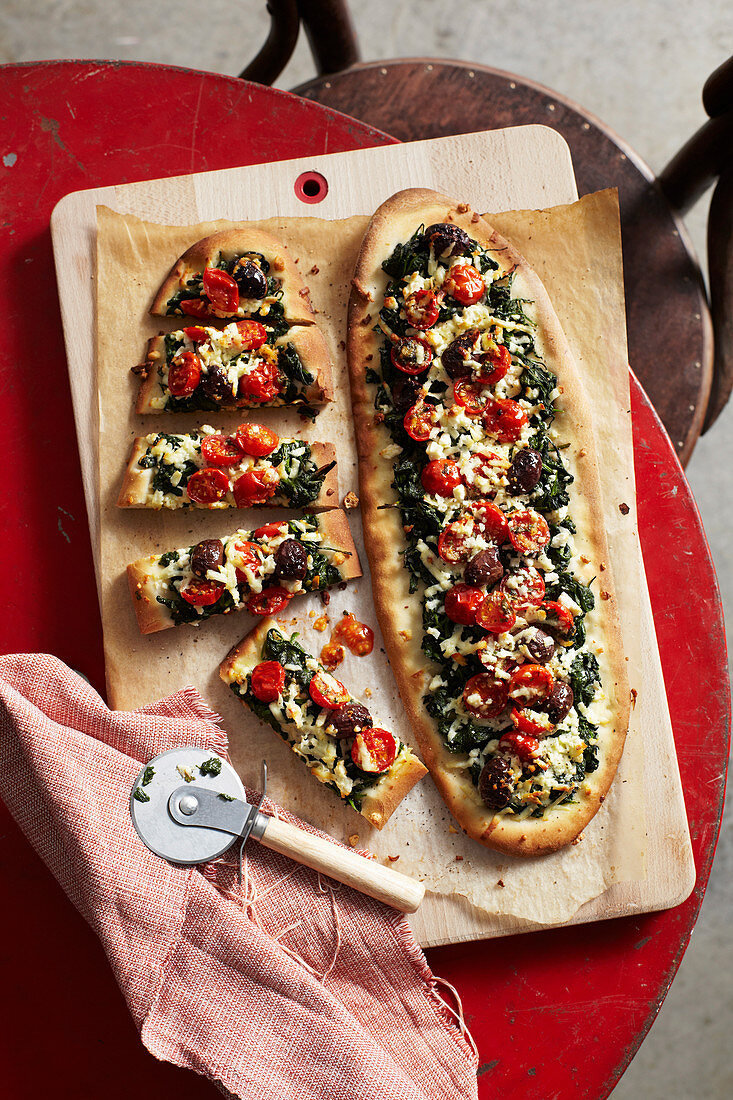 Haloumi, Spinach and Tomato Party Pizzas