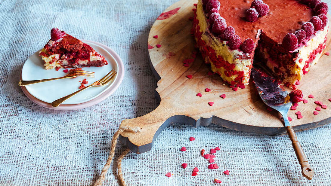 Red velvet cake with raspberries for Valentinesday