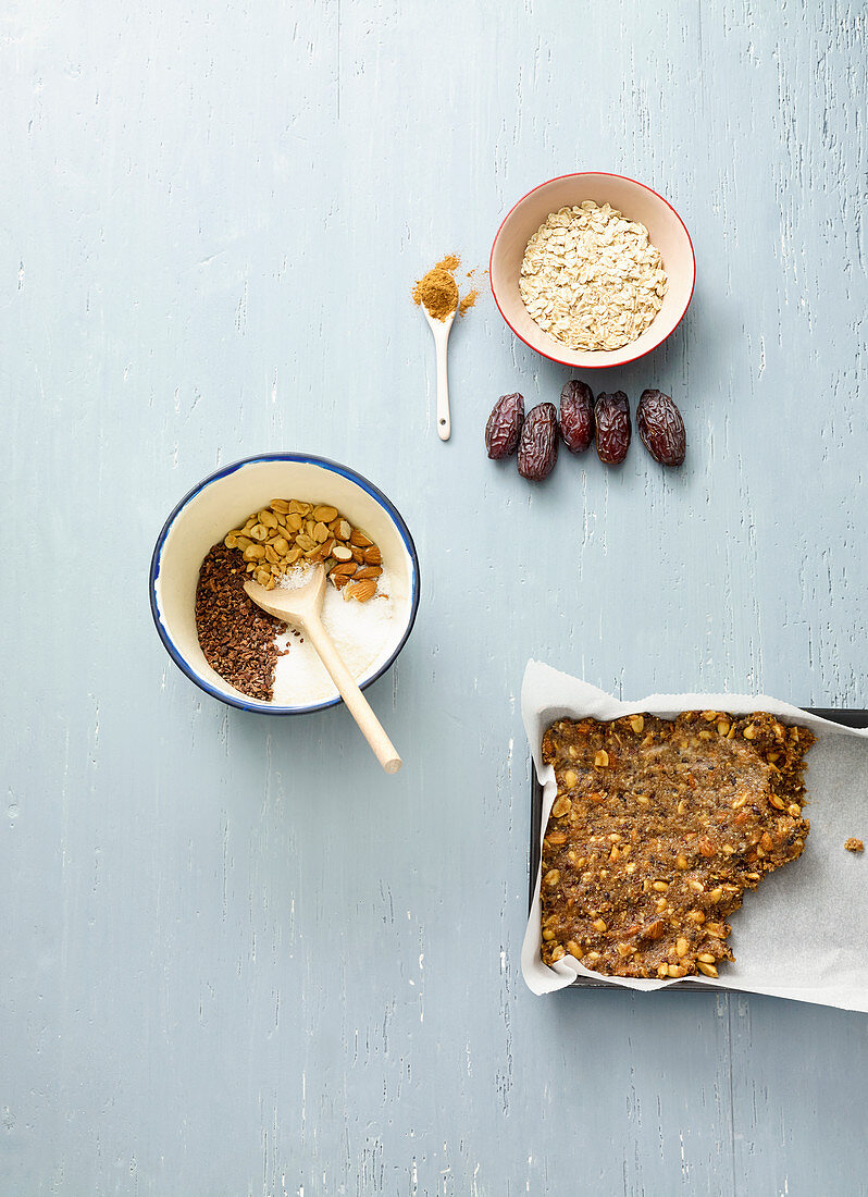 Ingredients for homemade energy bars with peanuts