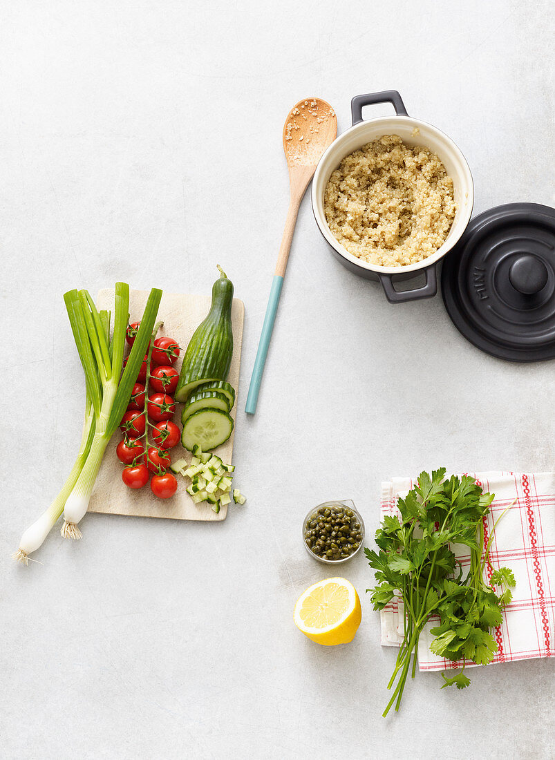 Ingredients for making quinoa taboule with coriander and capers