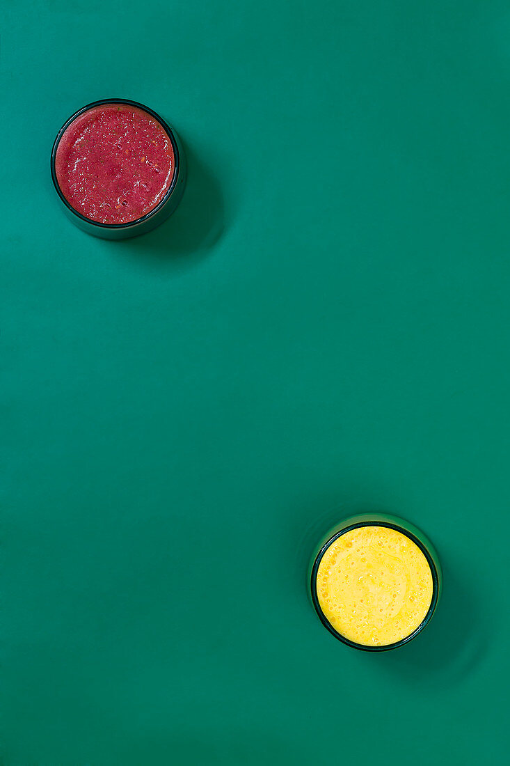 A red summer smoothie, and a peach and turmeric smoothie