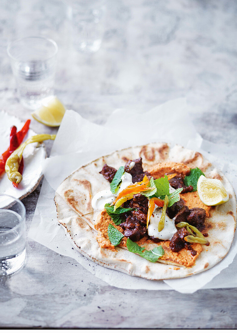 Spiced lamb wraps with roast Capsicum hummus