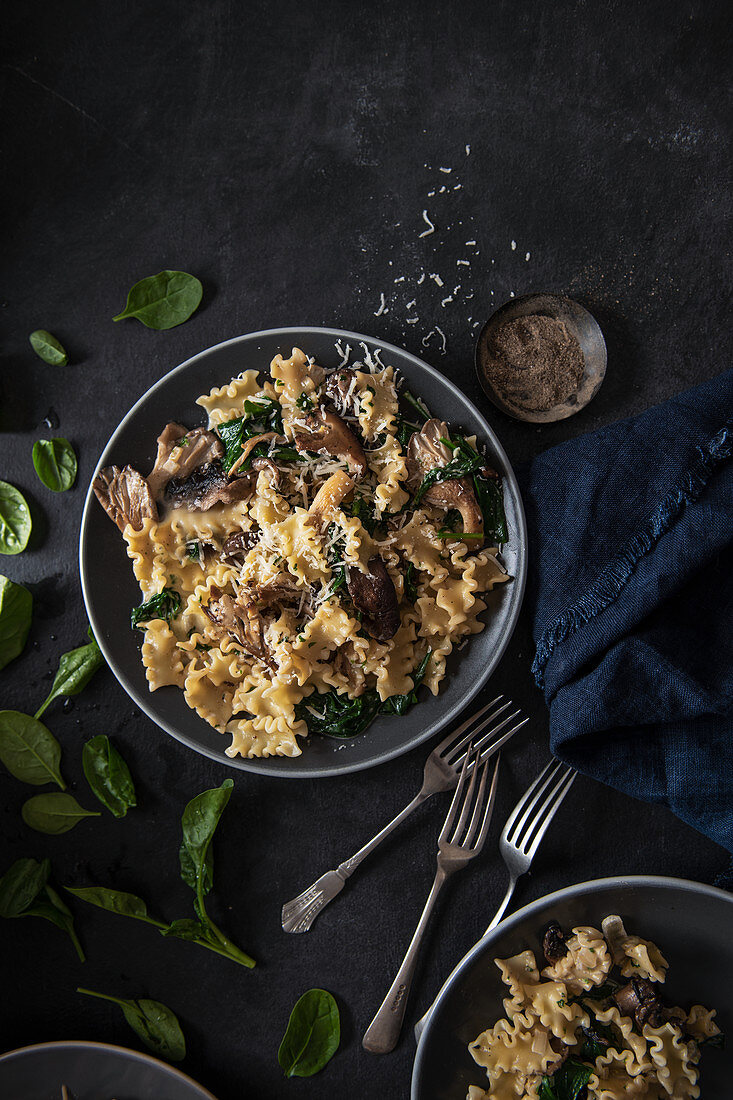 Pasta dish with mushrooms, parsley, cream, garlic, spinach and cheese, plated