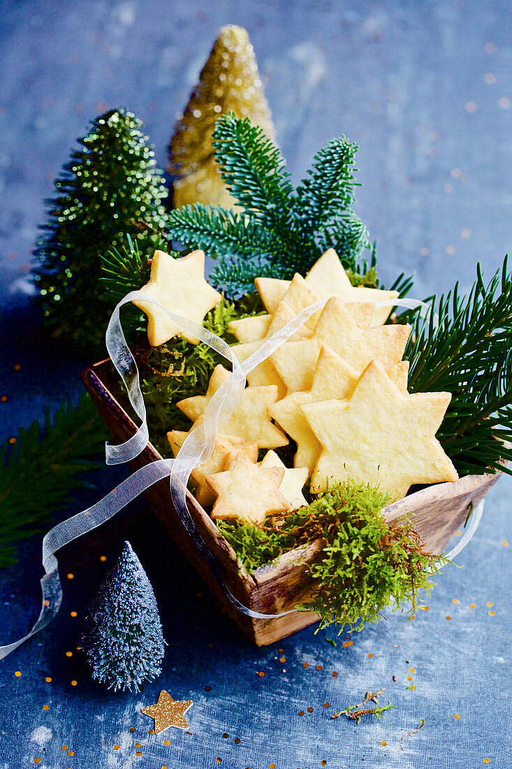 Christmas star biscuits with moss and pine sprigs