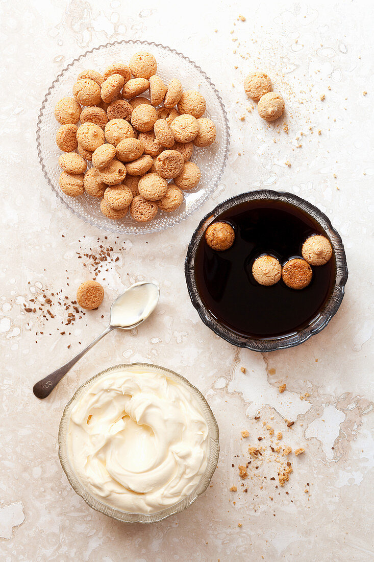 Amaretti Cookies dipped in Coffee with mascarpone Cream (Making Tiramisu)