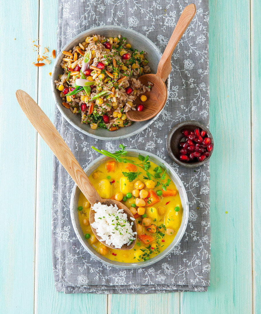 Indian cuisine: spiced rice and chickpea dhal