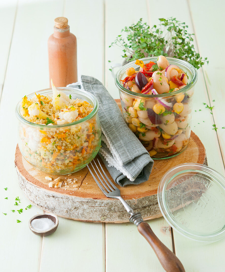 Mediterranean bean salad and grain salad with cauliflower for a picnic