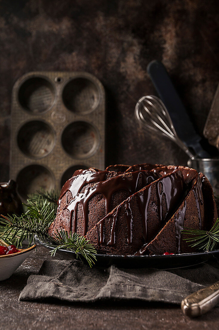 Lebkuchen-Napfkuchen mit Cranberries und Schokoladenglasur für Weihnachten